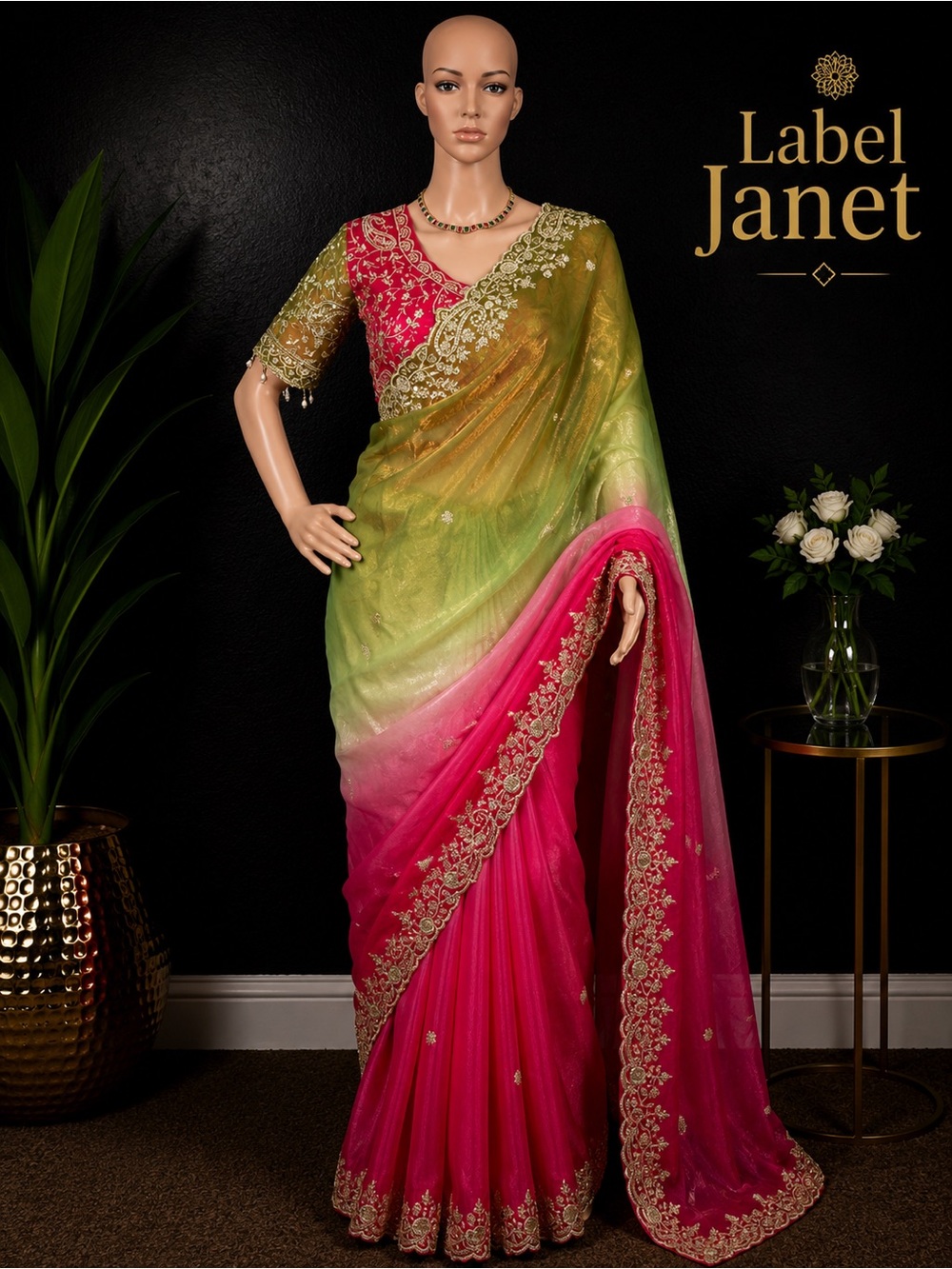 Brand new multi shaded shimmer tissue silk saree with blouse (34” - 42”)